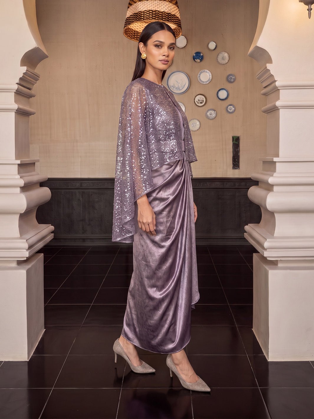 Purple Mauve Draped Crush Satin Midi Dress with Shimmer Cape