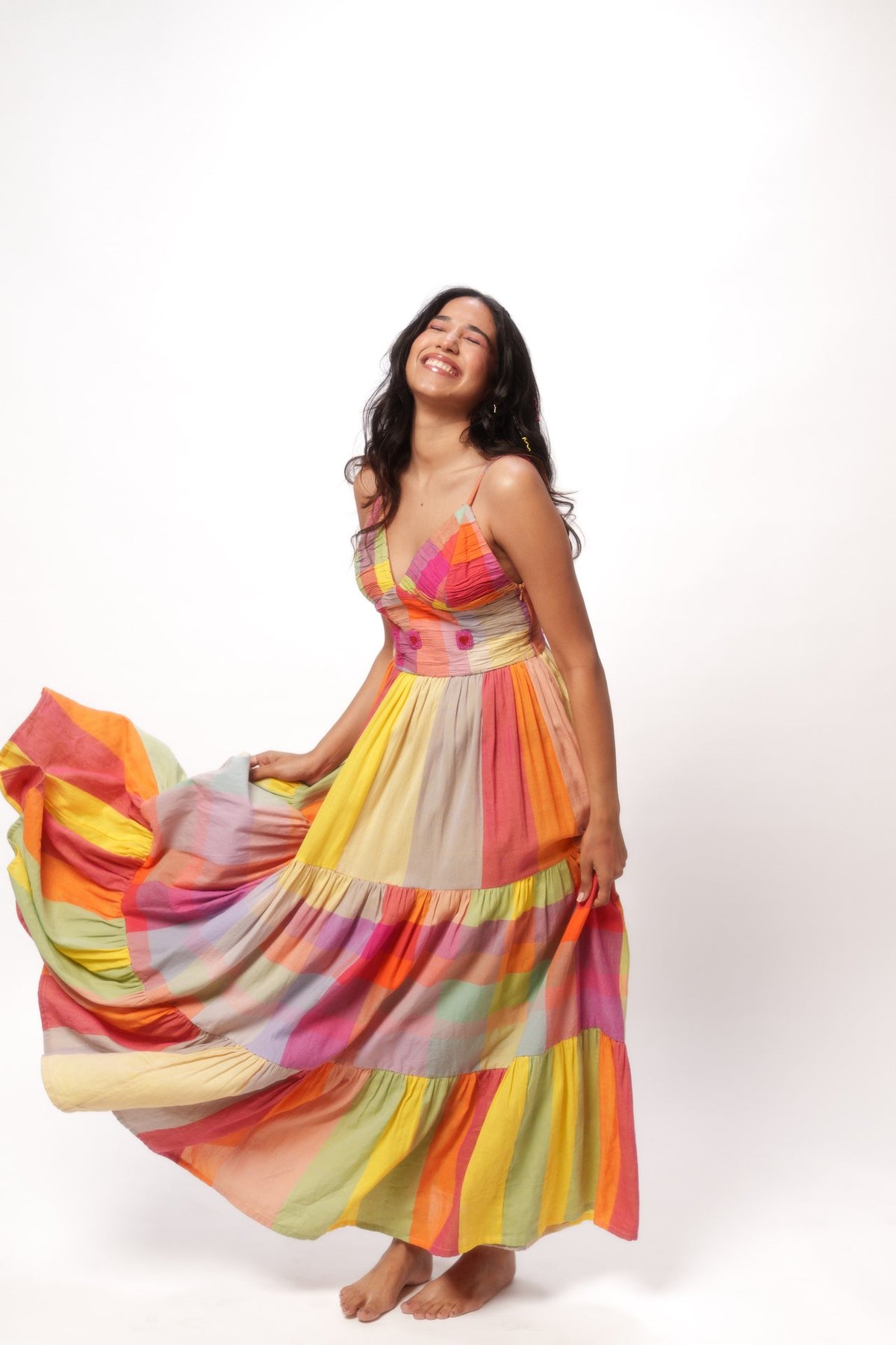 Multicolor Colorblocked Tiered Maxi Dress with Embroidery