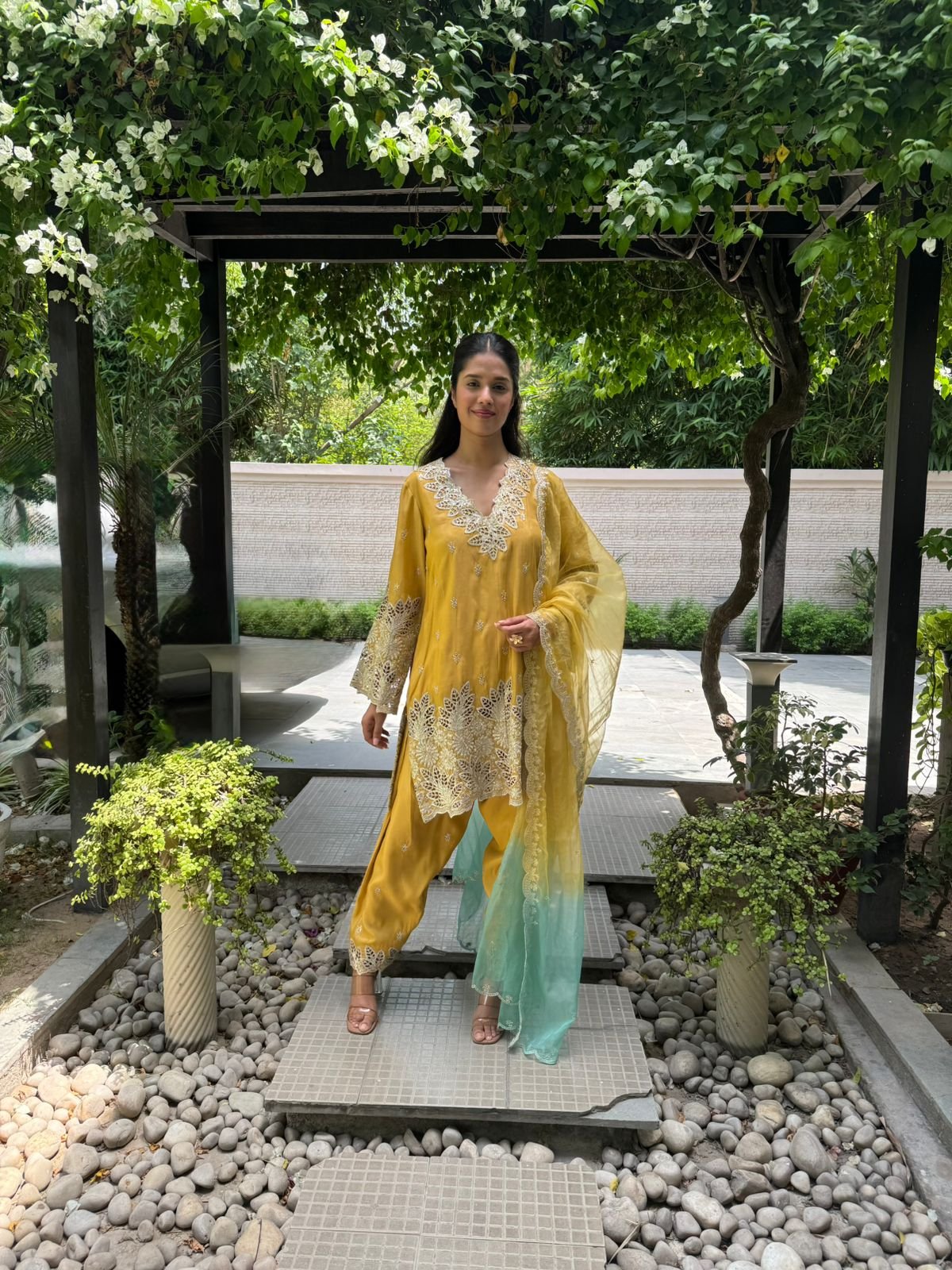 Mustard Yellow Embroidered Tissue Kurta Set with Potli