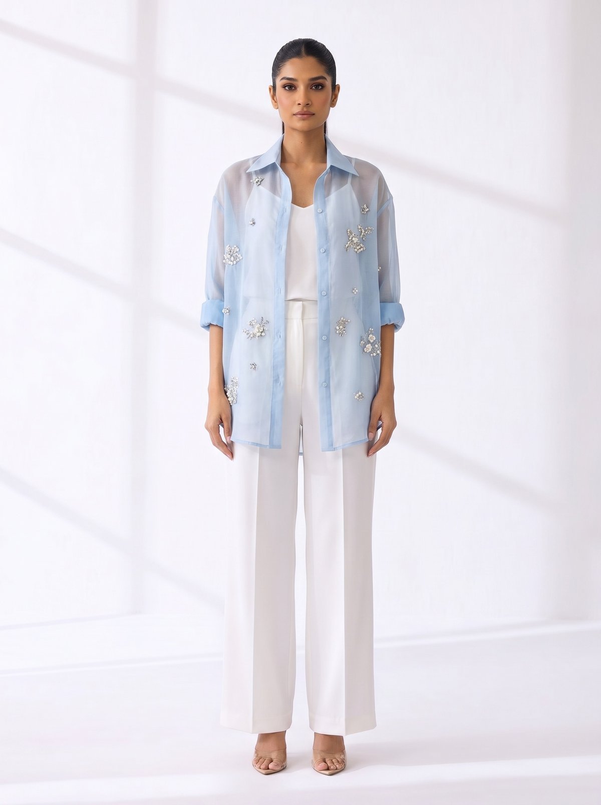 Sky Blue Sheer Crystal-Embellished Longline Shirt
