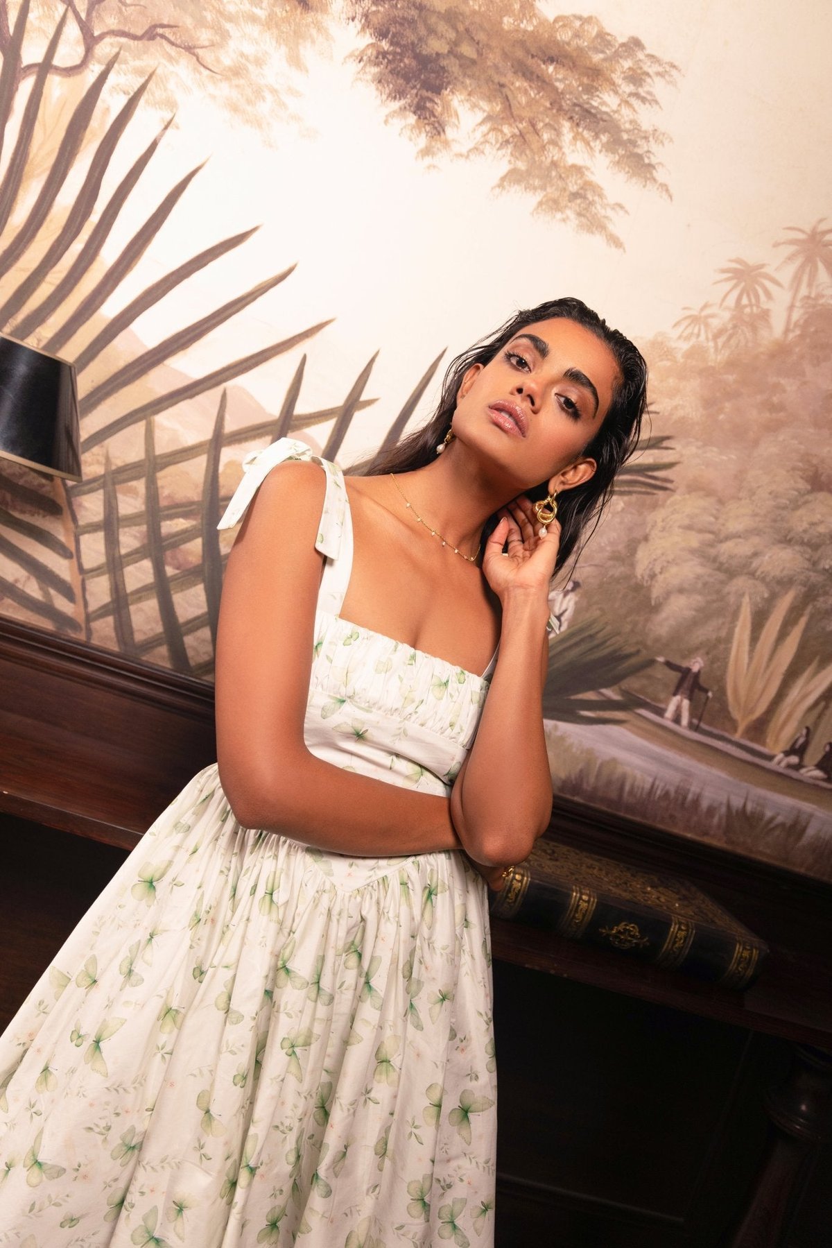 White and Green Ivy Print Tie-Strap Mini Dress