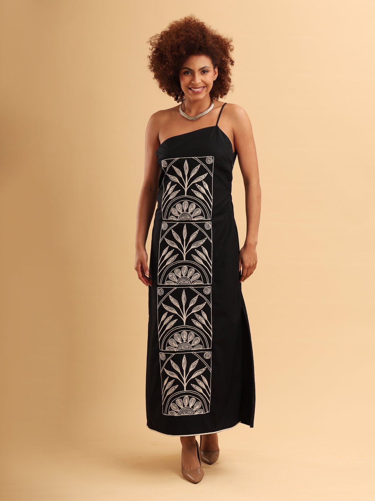 Black One-Shoulder Maxi Dress with Embroidered Panel