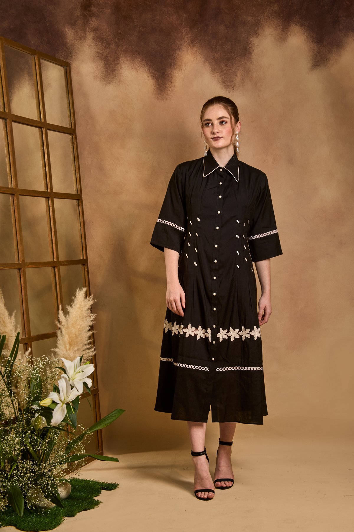 Black Fit and Flare Midi Shirt Dress with Lace Detail