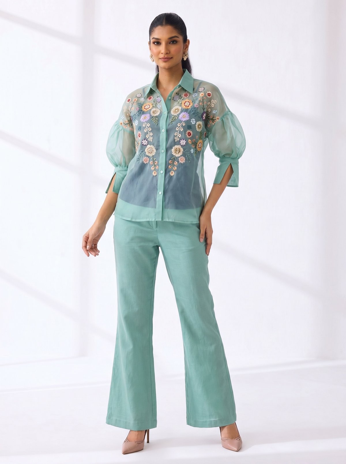 Sea Blue Embroidered Shirt and Flared Pants Co-ord Set