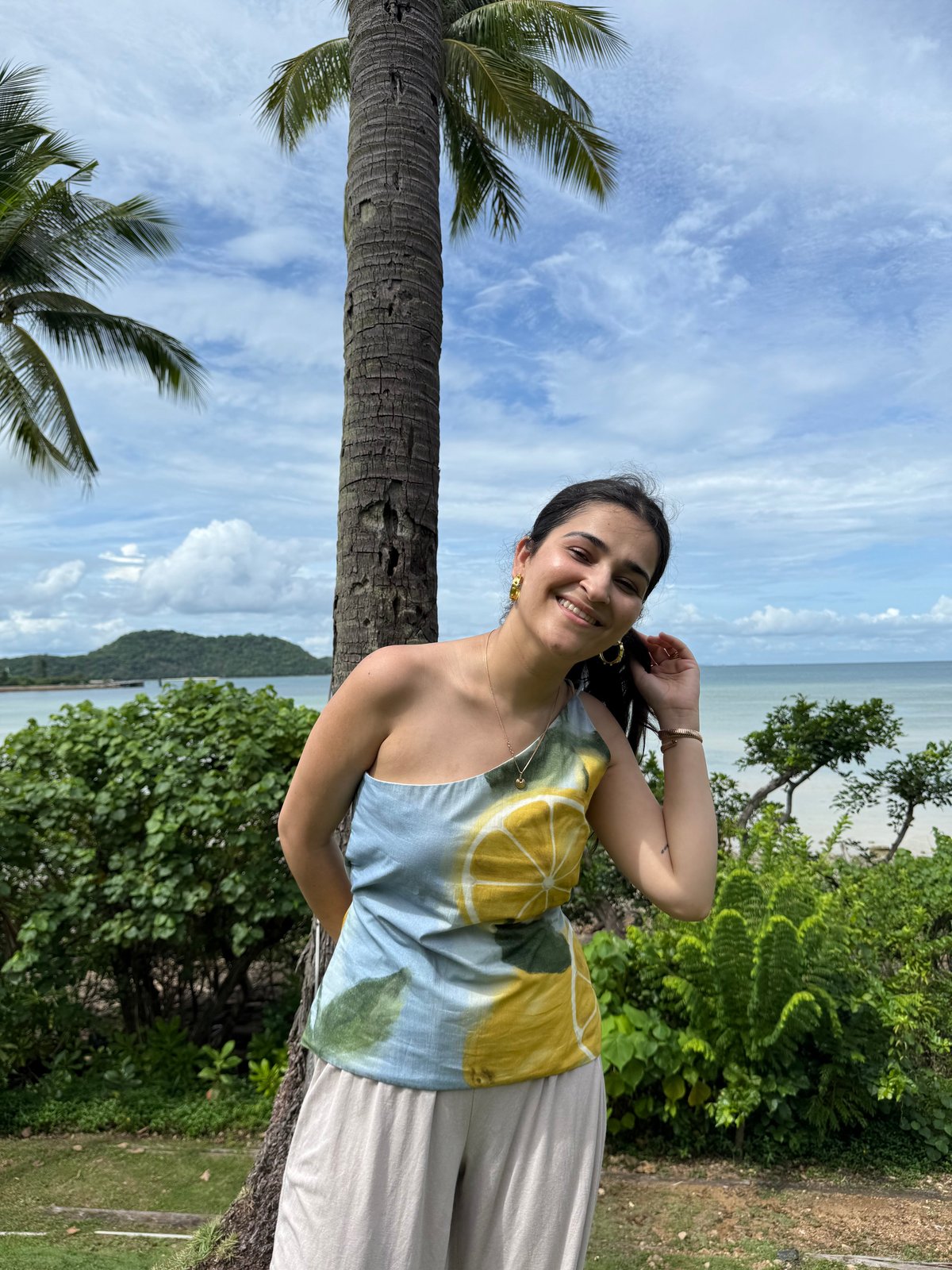 Blue One-Shoulder Lemon Print Cotton Top with Back Tie
