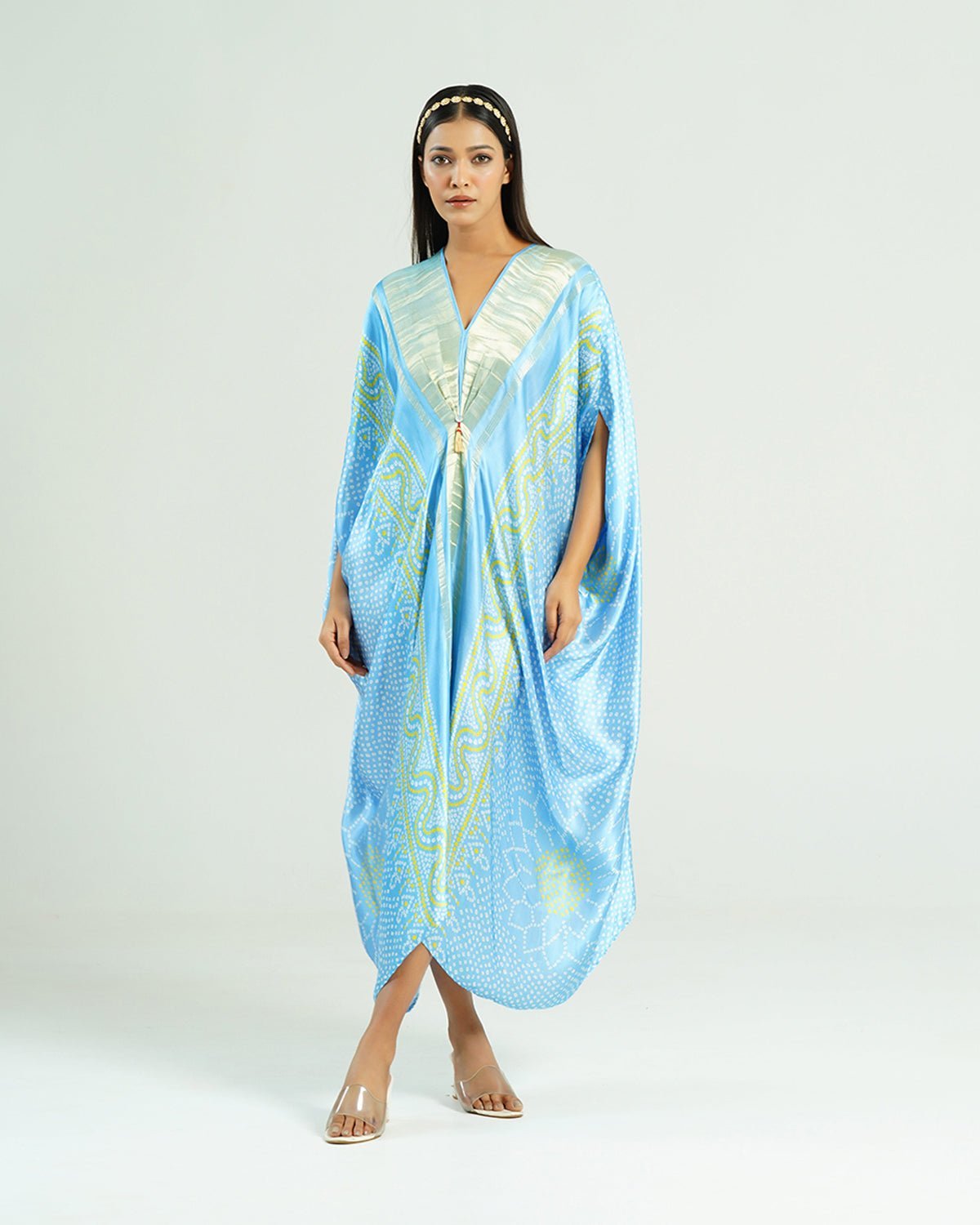 Sky Blue and Gold Bandhani Print Kaftan with Zari Panel