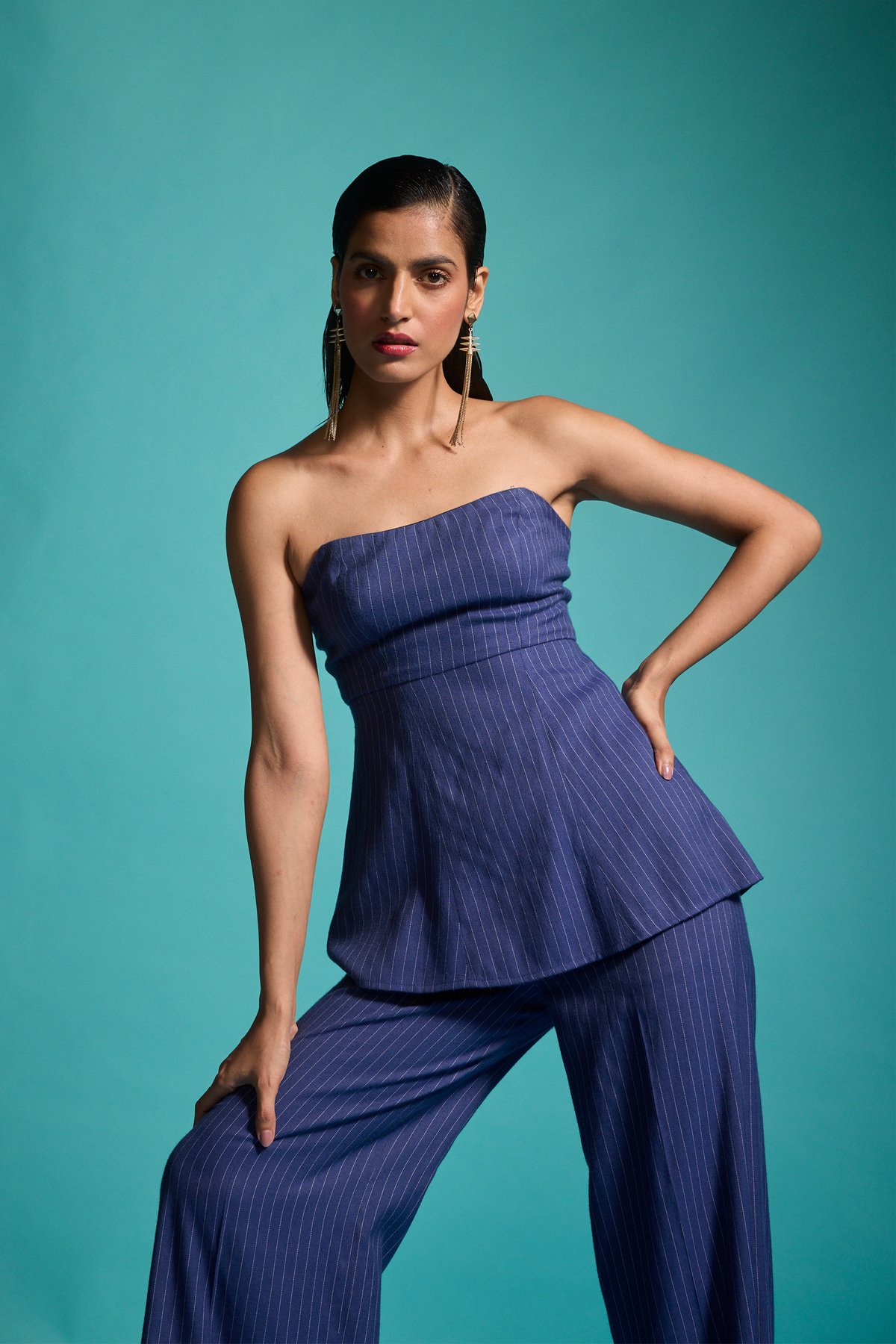 Navy Pinstripe Peplum Corset Top