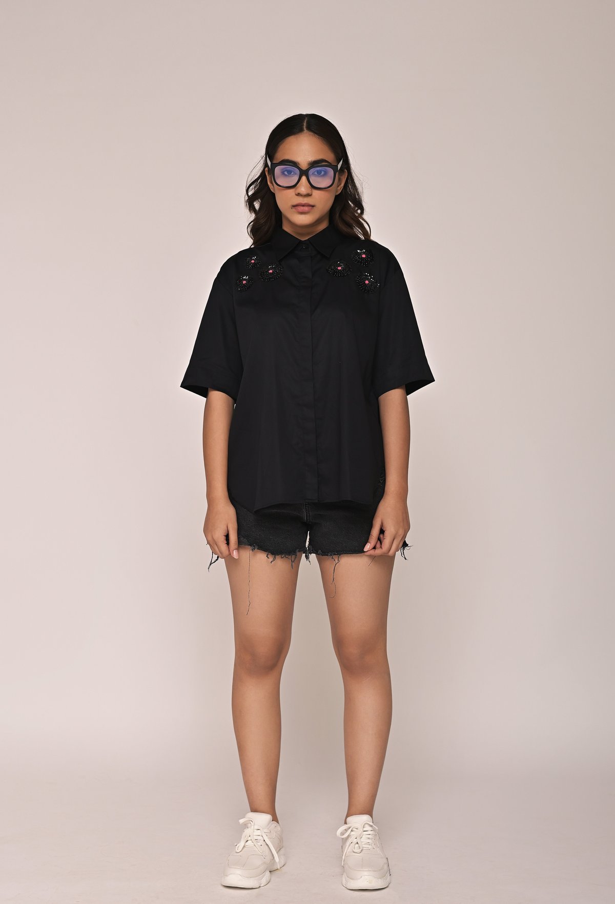 Black Cotton Satin Anti-Fit Shirt with Sequin Flowers