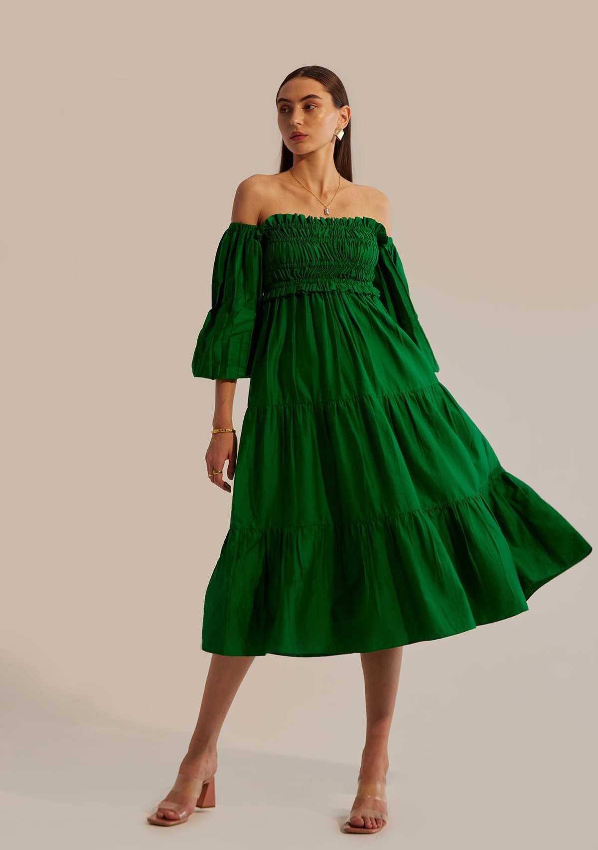Emerald Green Smocked Tiered Midi Dress