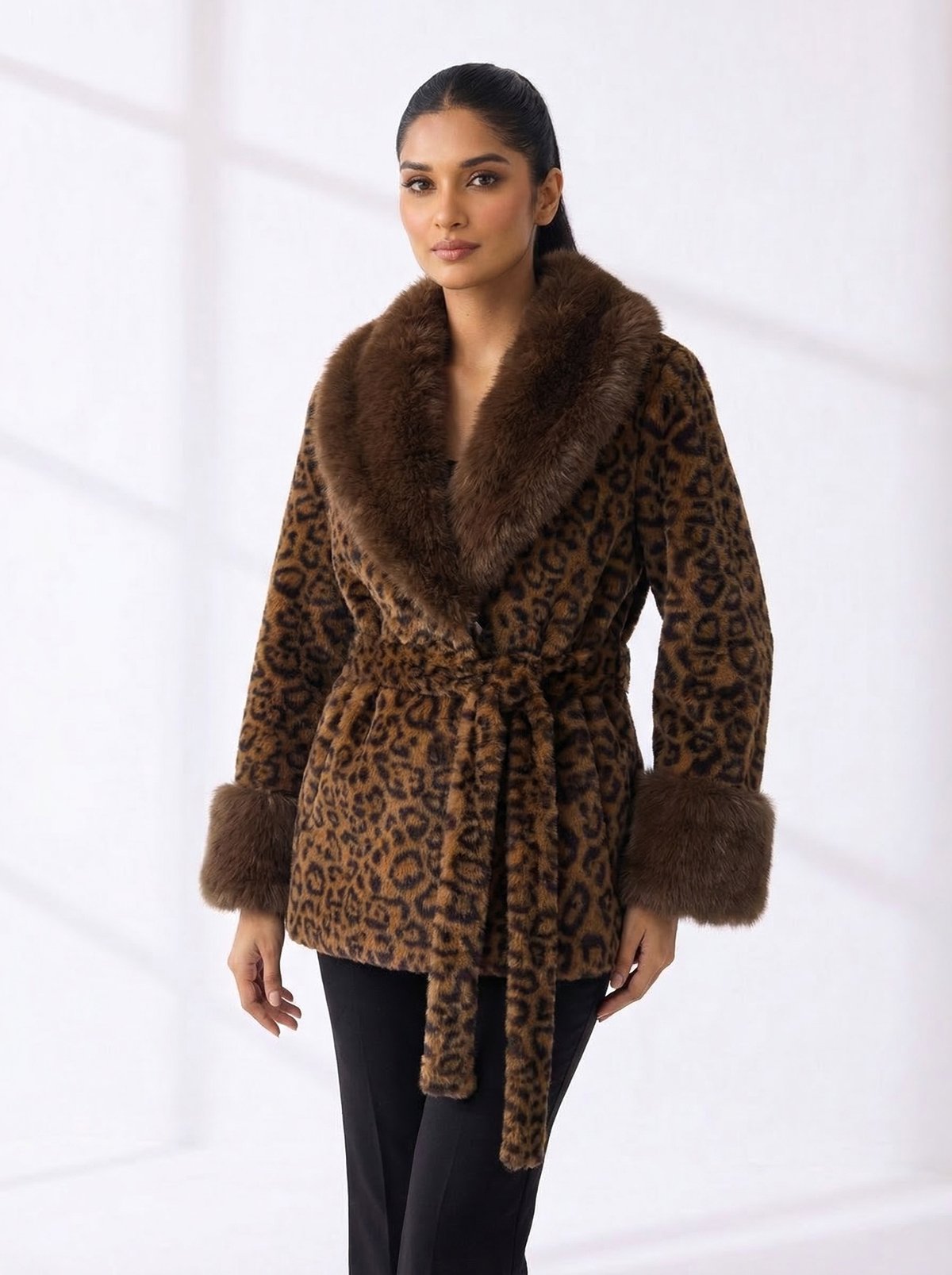 Leopard Print Faux-Fur Collar Belted Wrap Coat