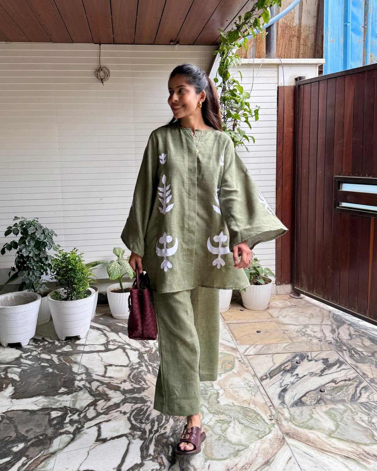 Sage Green Cotton-Linen Tunic and Pant Co-ord Set
