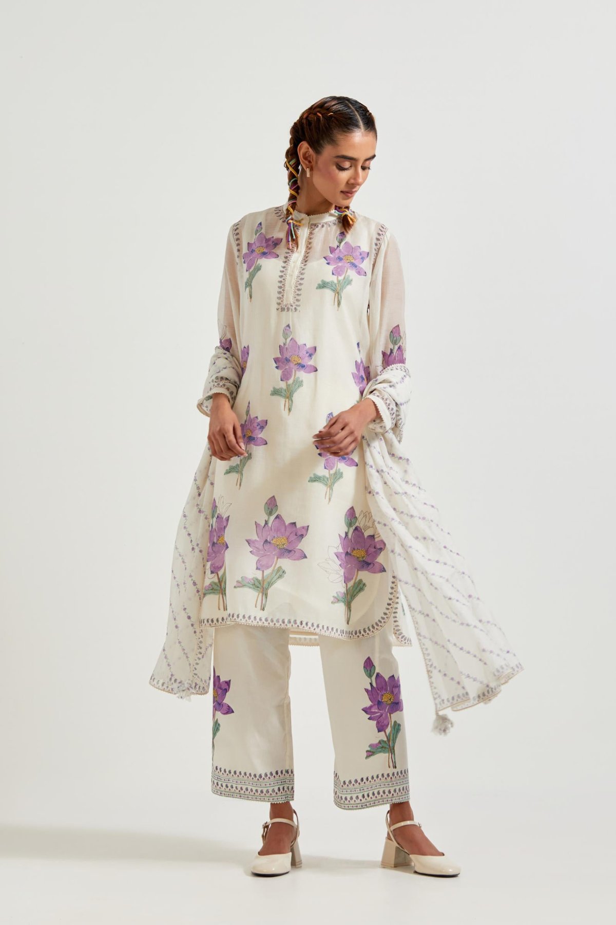 Off White Chanderi Straight Short Kurta Set