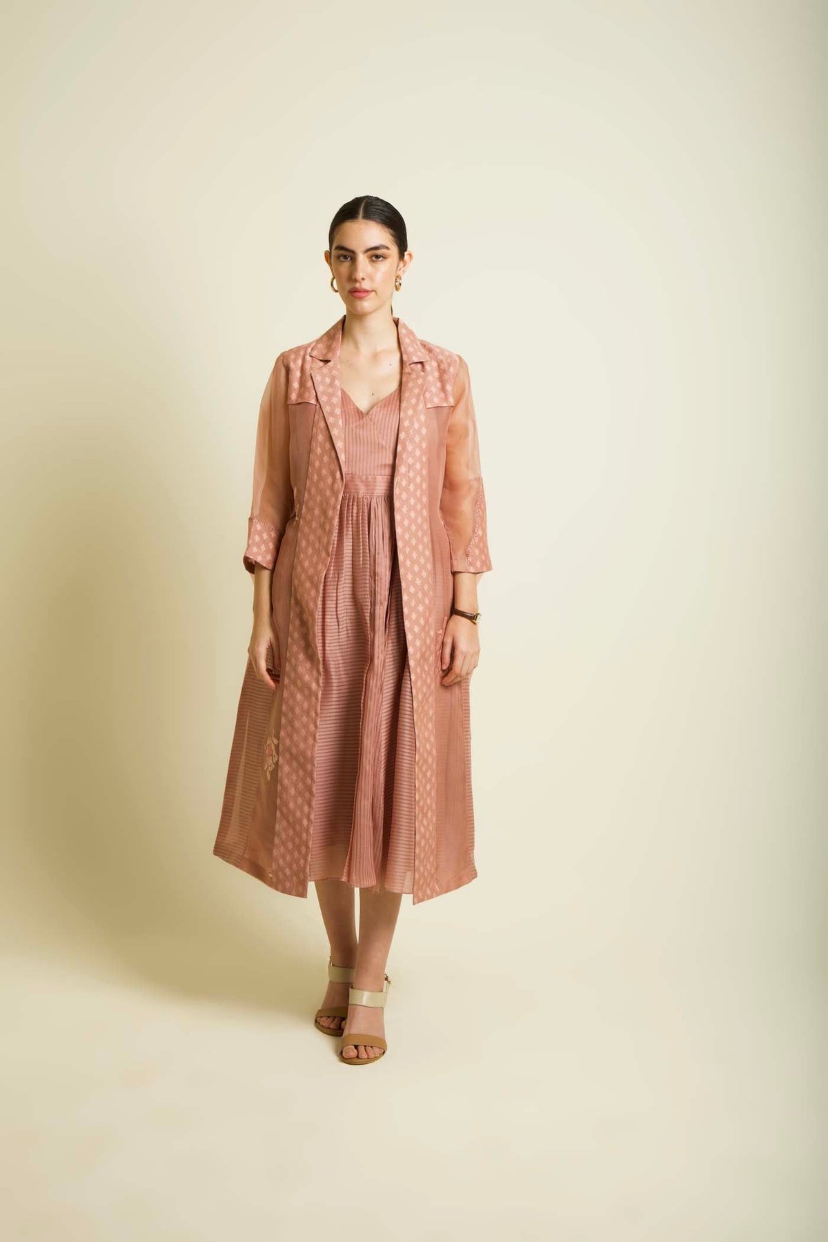 Almond Stripe Organza Midi Dress Set with Longline Jacket