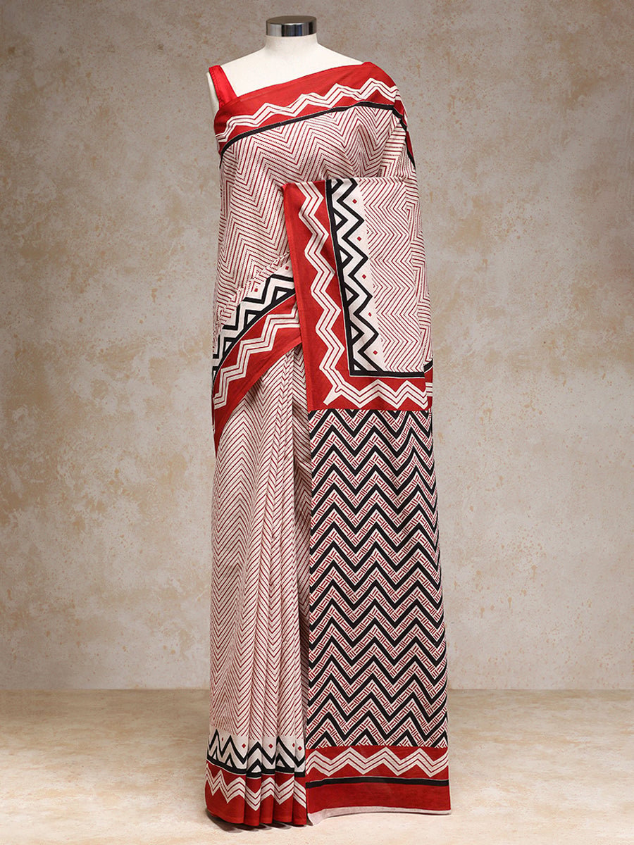 Red Handblock Printed Chevron Zigzag Dotted Mulmul