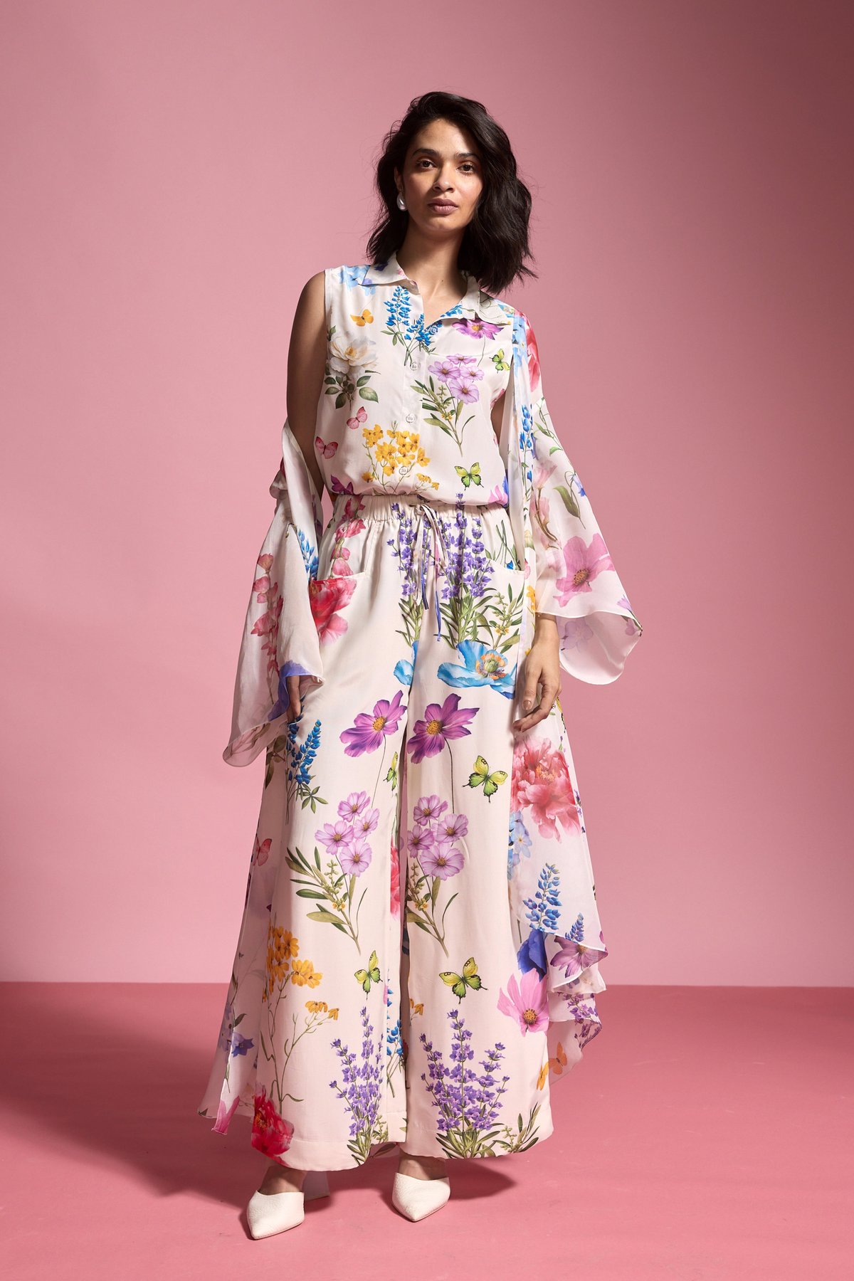 Multi Floral Front-Open Sleeveless Shirt with Cape Overlay