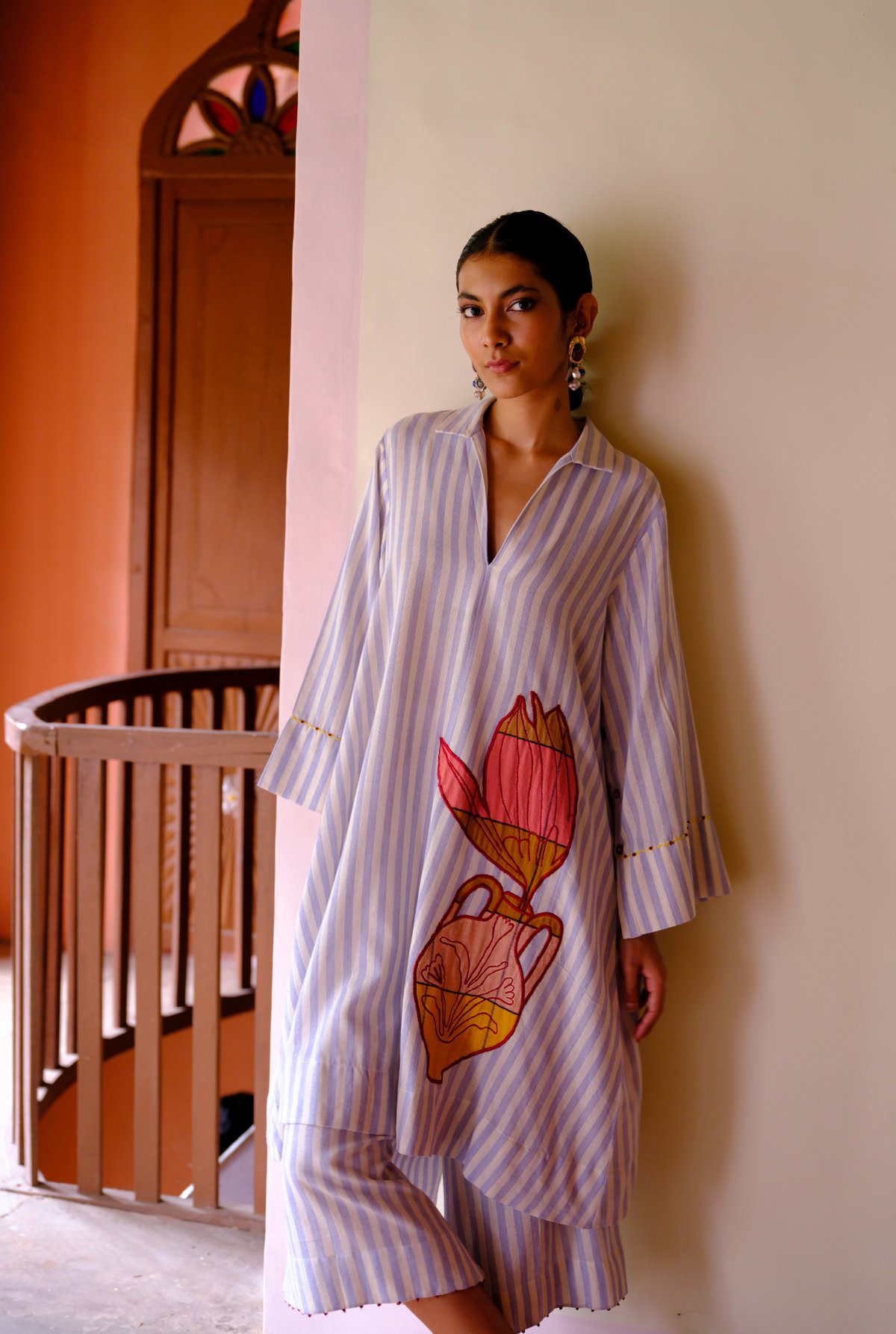 White and Blue Striped Applique Kurta Set