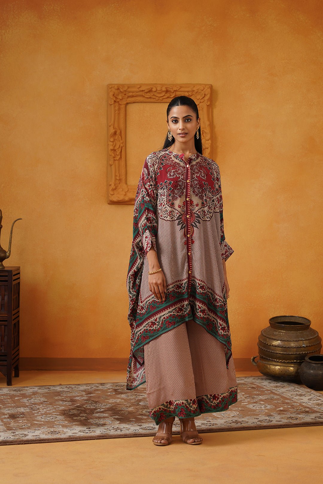 Printed Kaftan Top and Wide-Leg Pants Co-ord Set