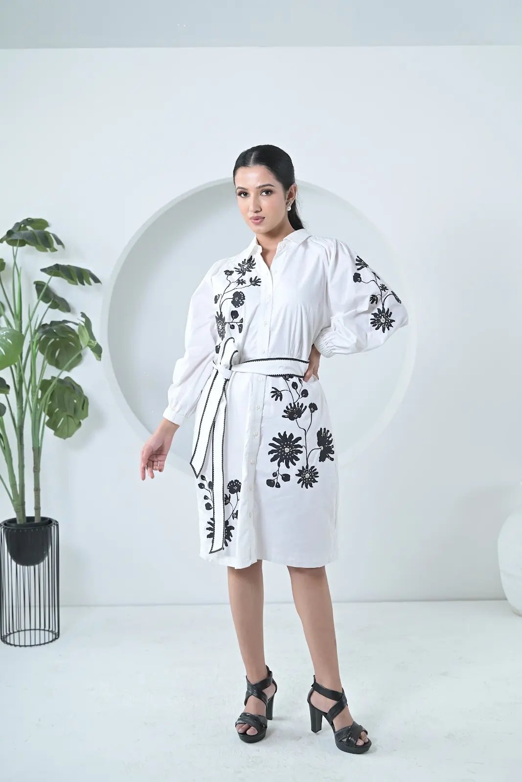 White Belted Shirt Dress with Black Floral Embroidery