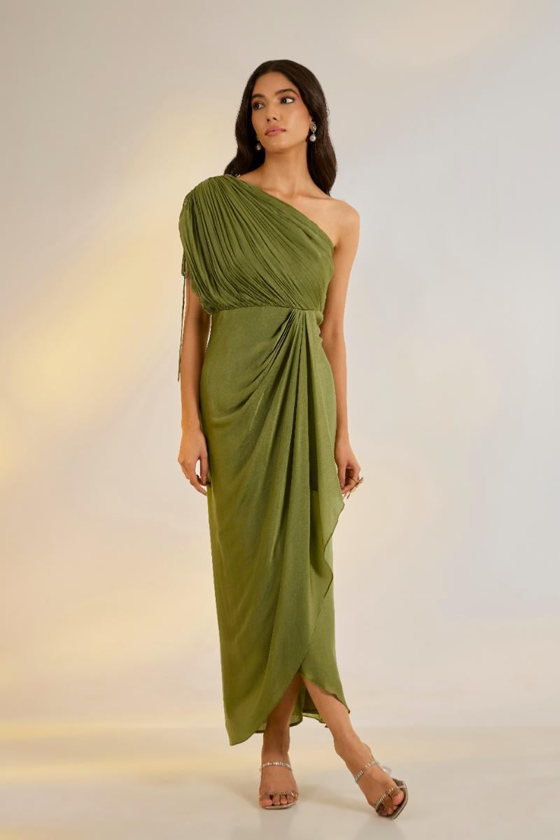 Olive One-Shoulder Draped Maxi Dress