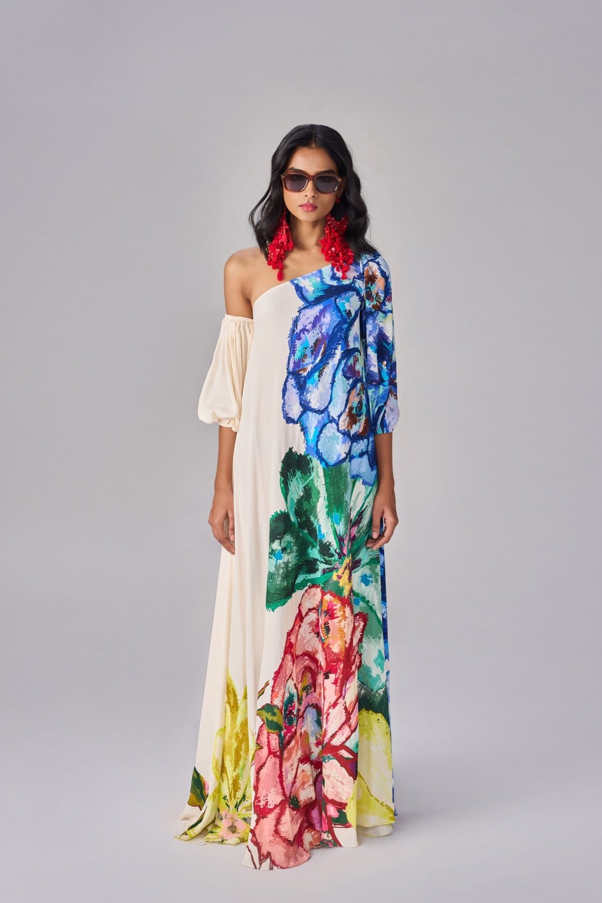 Ivory/Multi Floral One-Shoulder Crepe Maxi Dress