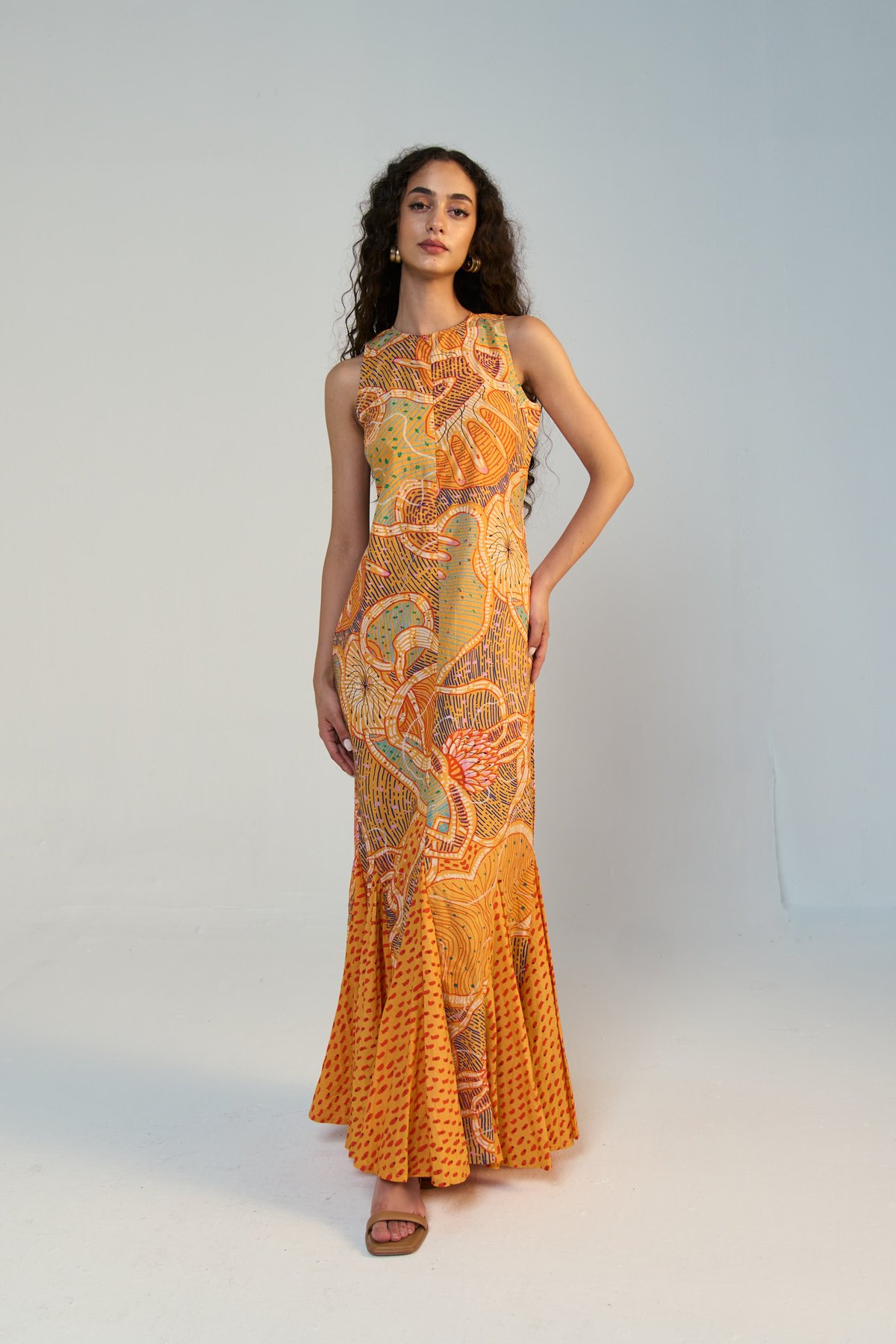 Multicolour Printed Cotton Godet Maxi Dress