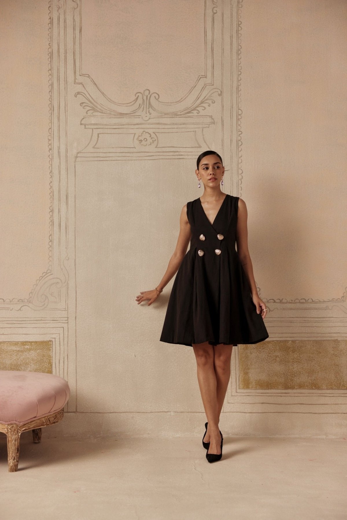 Black Fit and Flare Knee-Length Dress with Gold Buttons