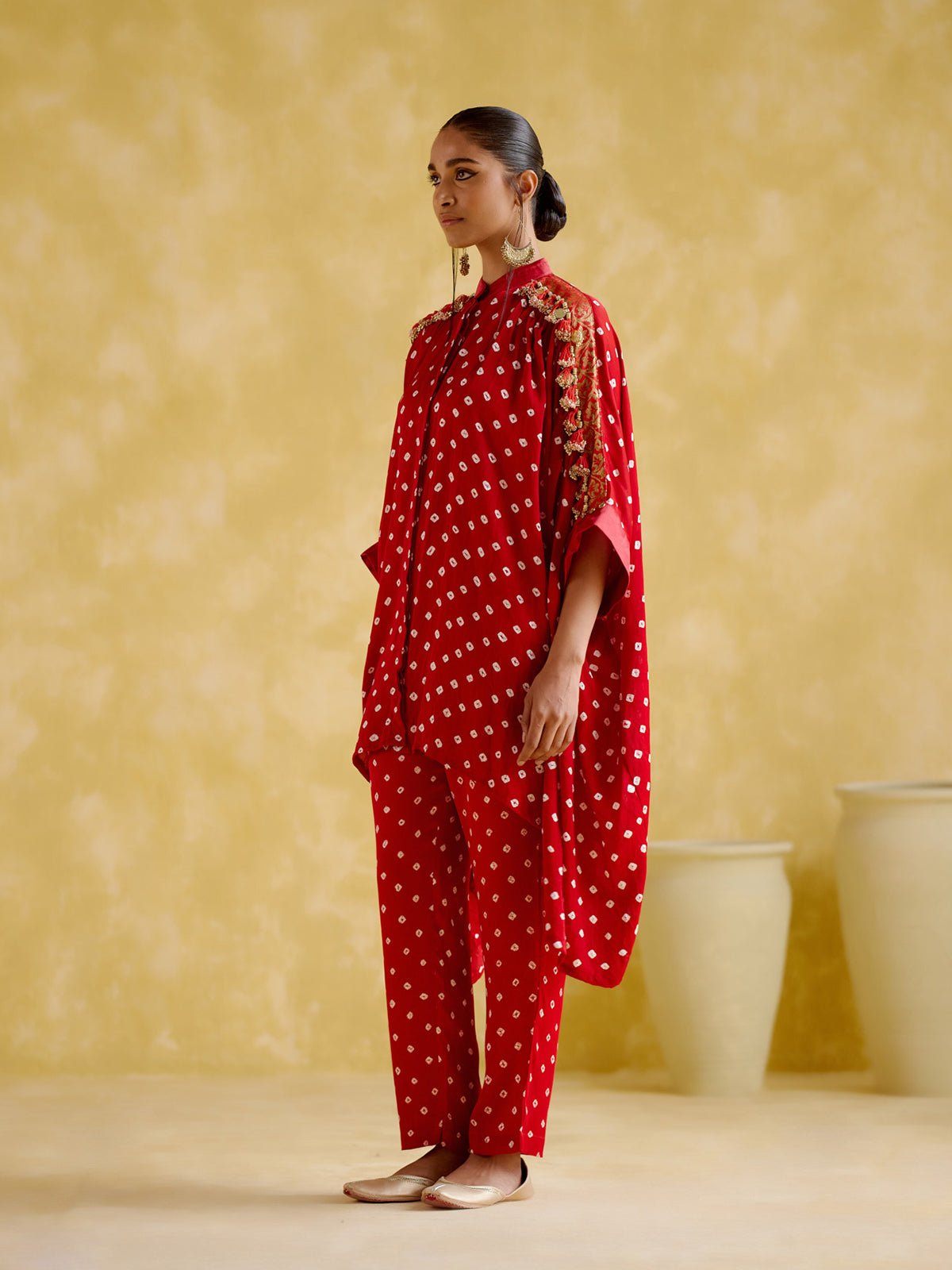 Red Bandhani Kaftan Top and Straight Pant Co-ord Set