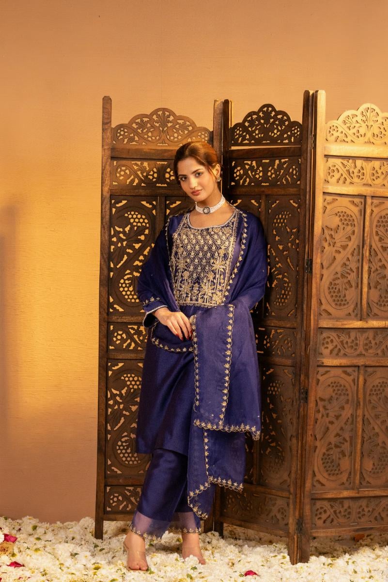 Deep Blue Chanderi Embroidered Kurta Set with Dupatta