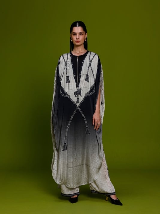 Ivory and Black Cupro Satin Kaftan and Pant Co-ord Set