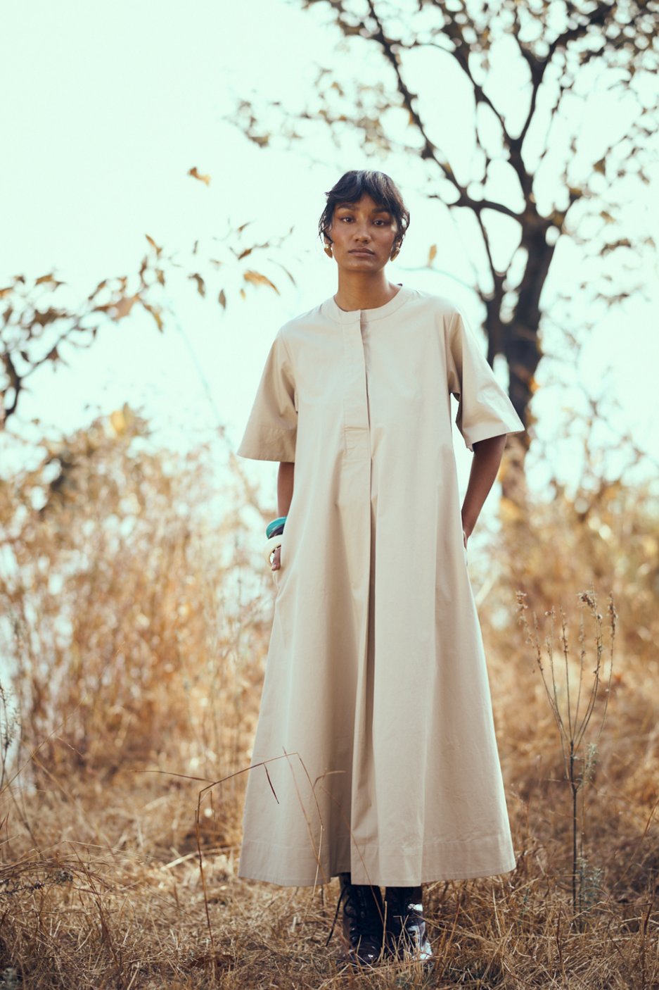 Light Tan Oversized A-Line Maxi Dress with Pockets