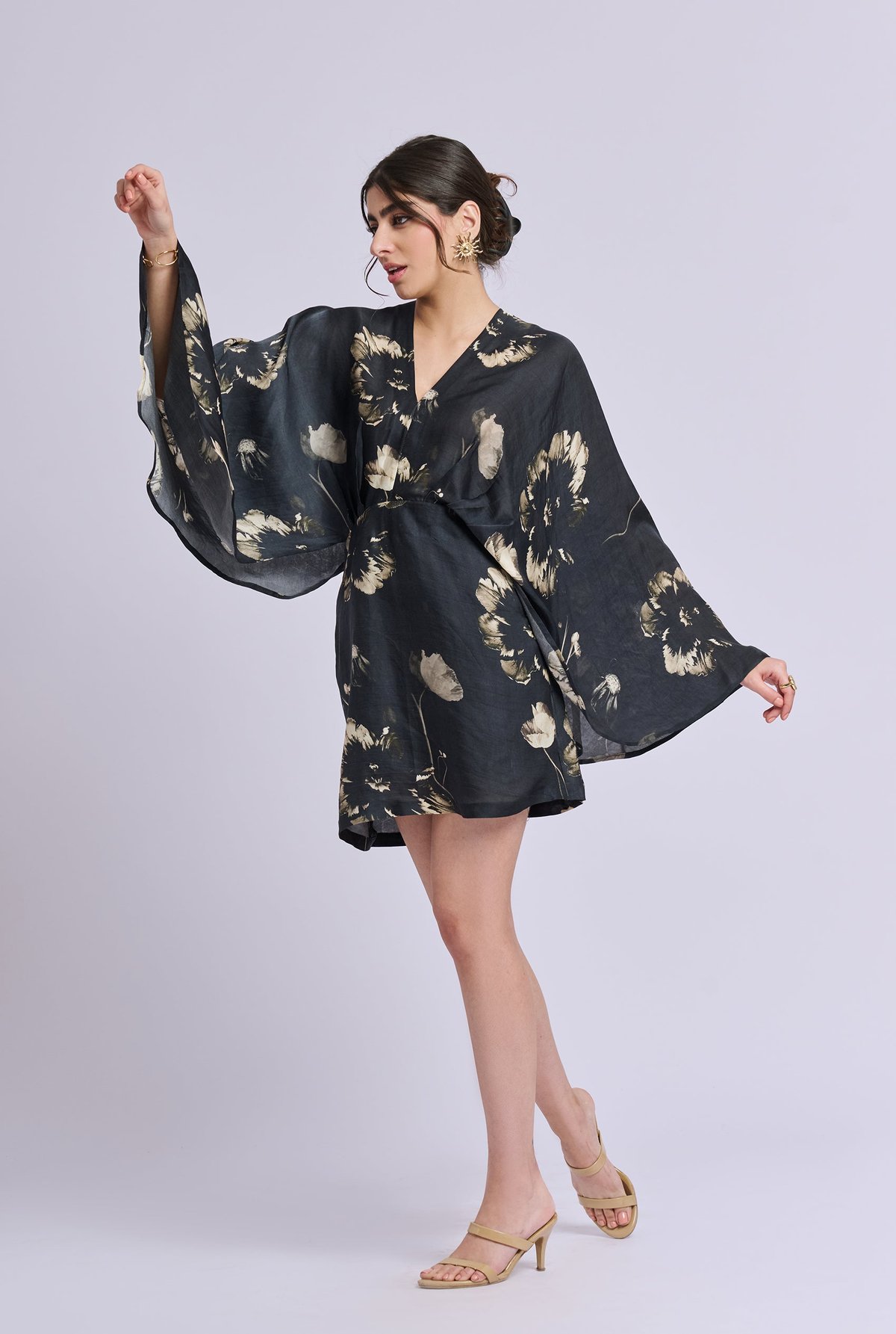 Black and Gold Floral Mini Dress with Draped Sleeves