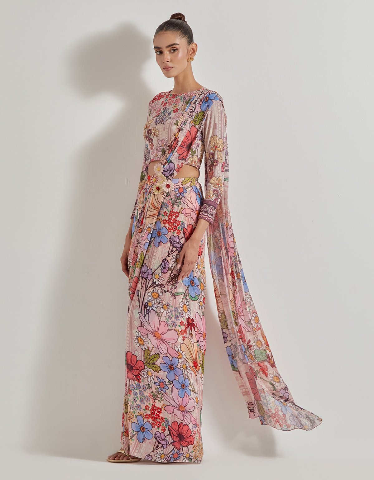 Multicolor Floral Printed Georgette Saree Set