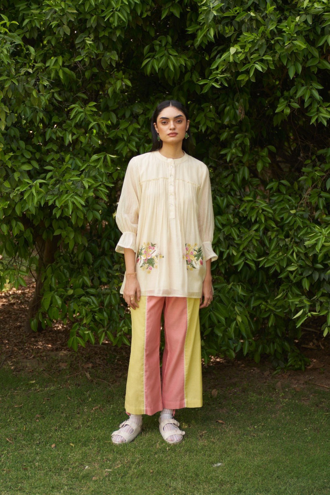 Beige Mul Chanderi Embroidered Co-ord Set