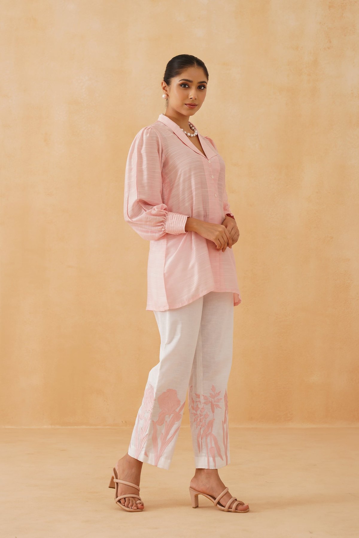 Peach Shirt Top and White Straight Pants Co-ord Set
