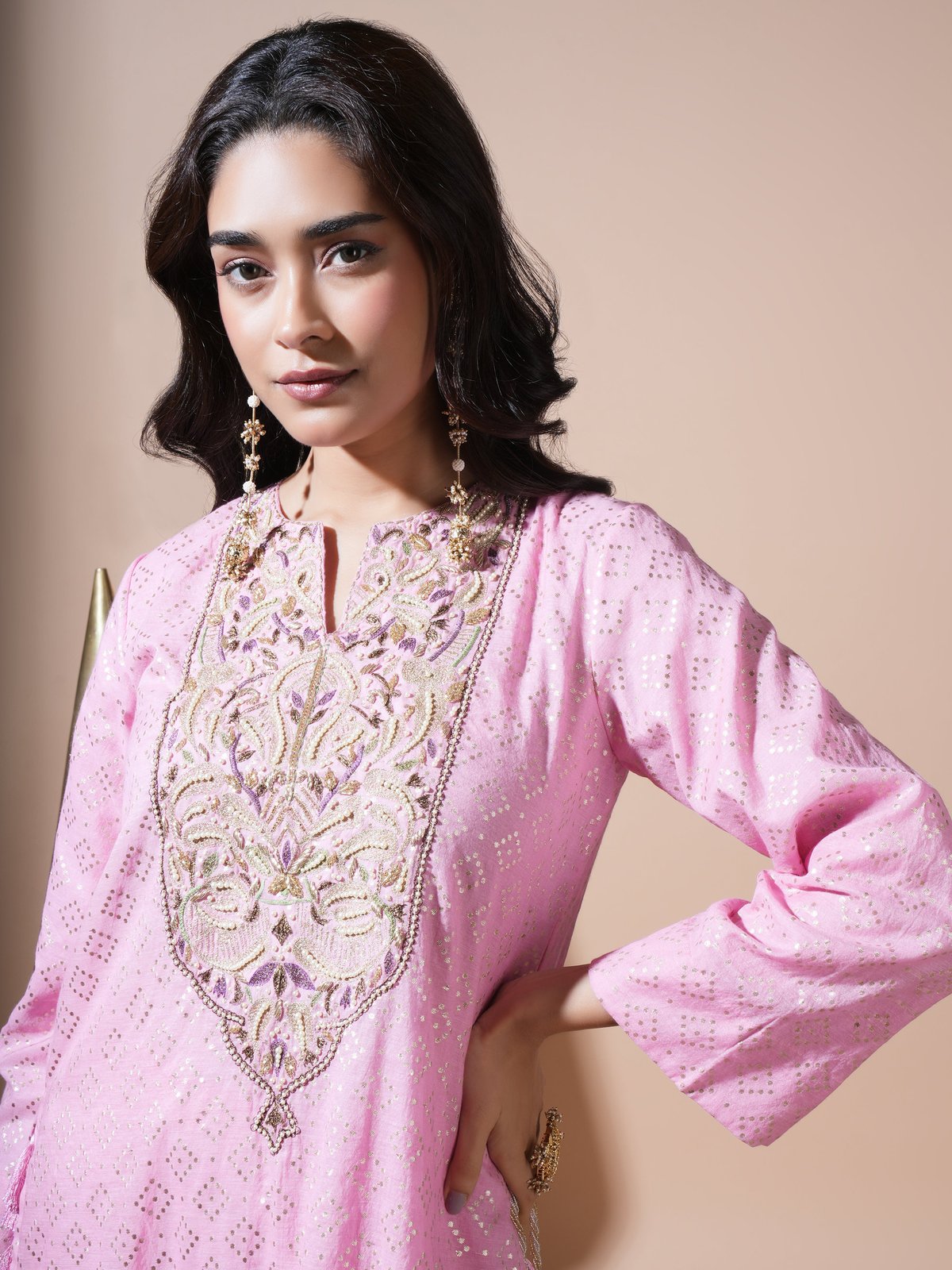 Pink Zari Butta Kaftan Kurta Set