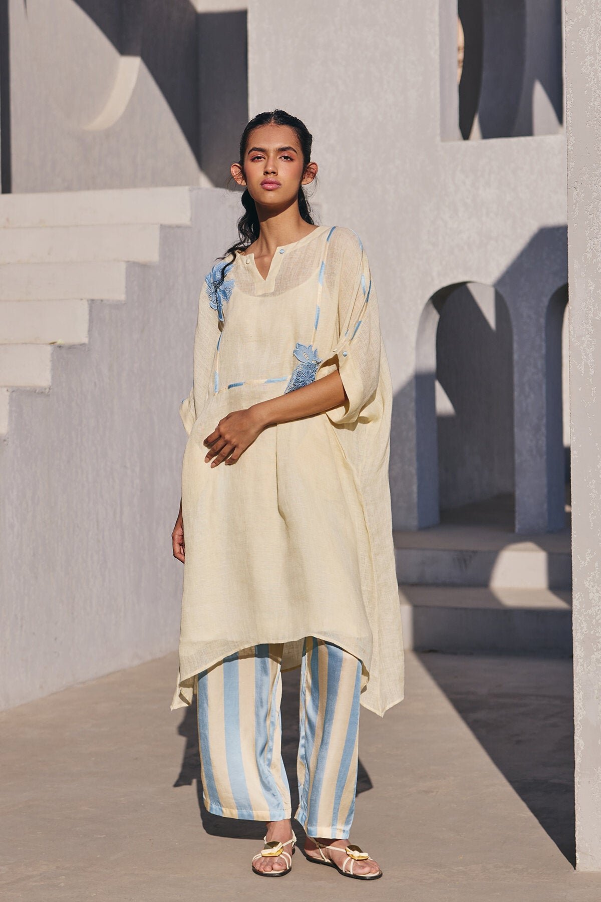 Cream Gauze Linen Co-ord Set with Blue Striped Pants