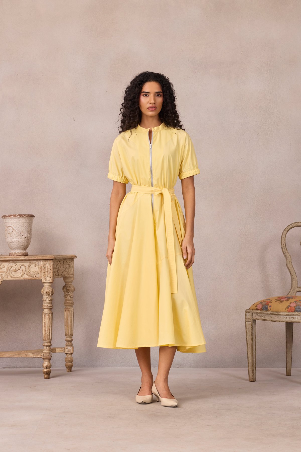 Lemon Sorbet Zip-Front Fit and Flare Midi Dress
