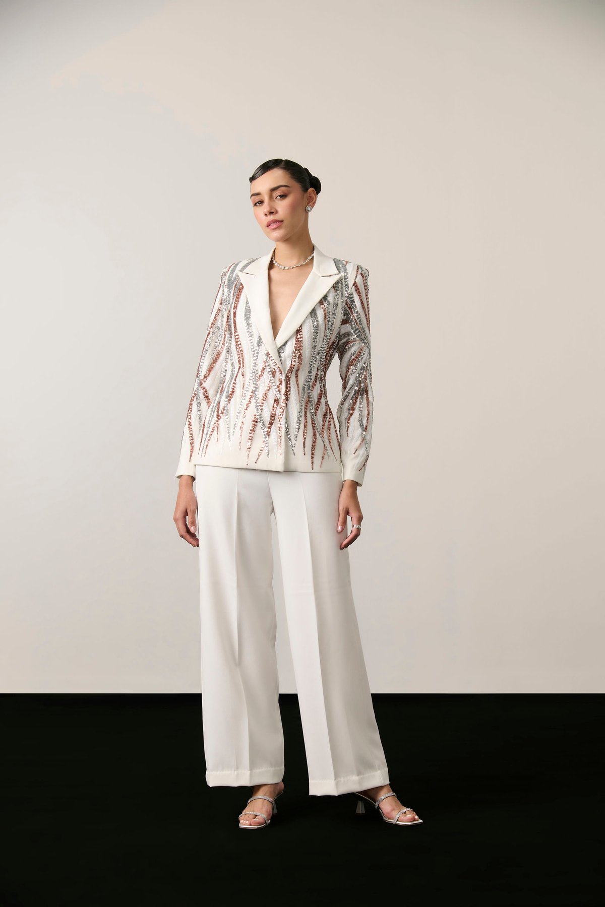 Ivory Sequin Blazer and Wide-Leg Trousers Co-ord Set