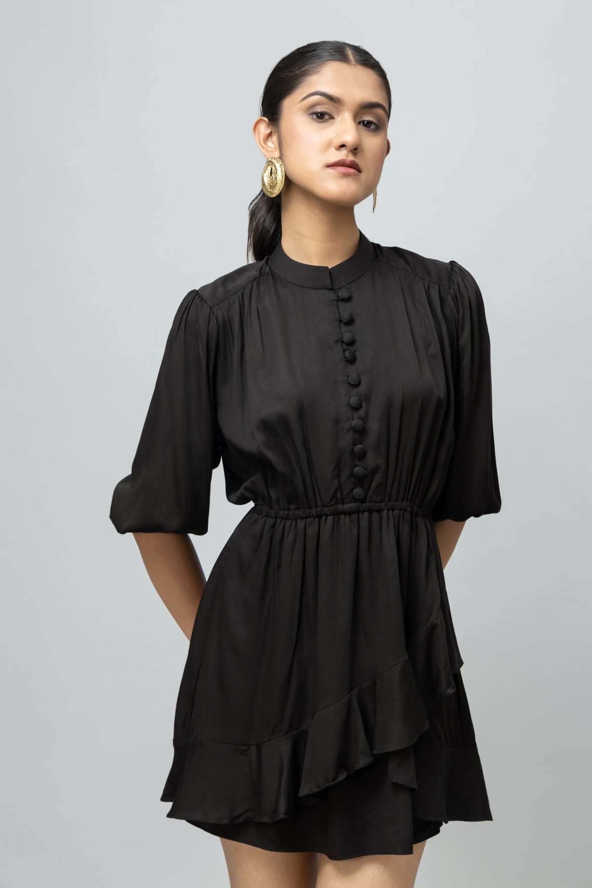 Black Tiered Mini Dress with Mandarin Collar