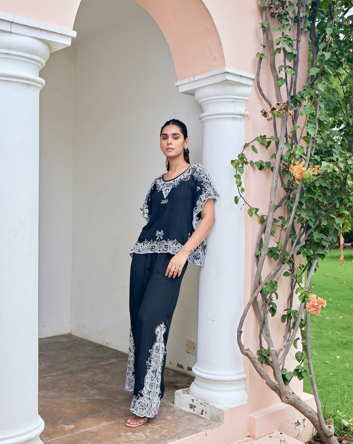 Black Kaftan-Style Top with Cutwork Embroidery