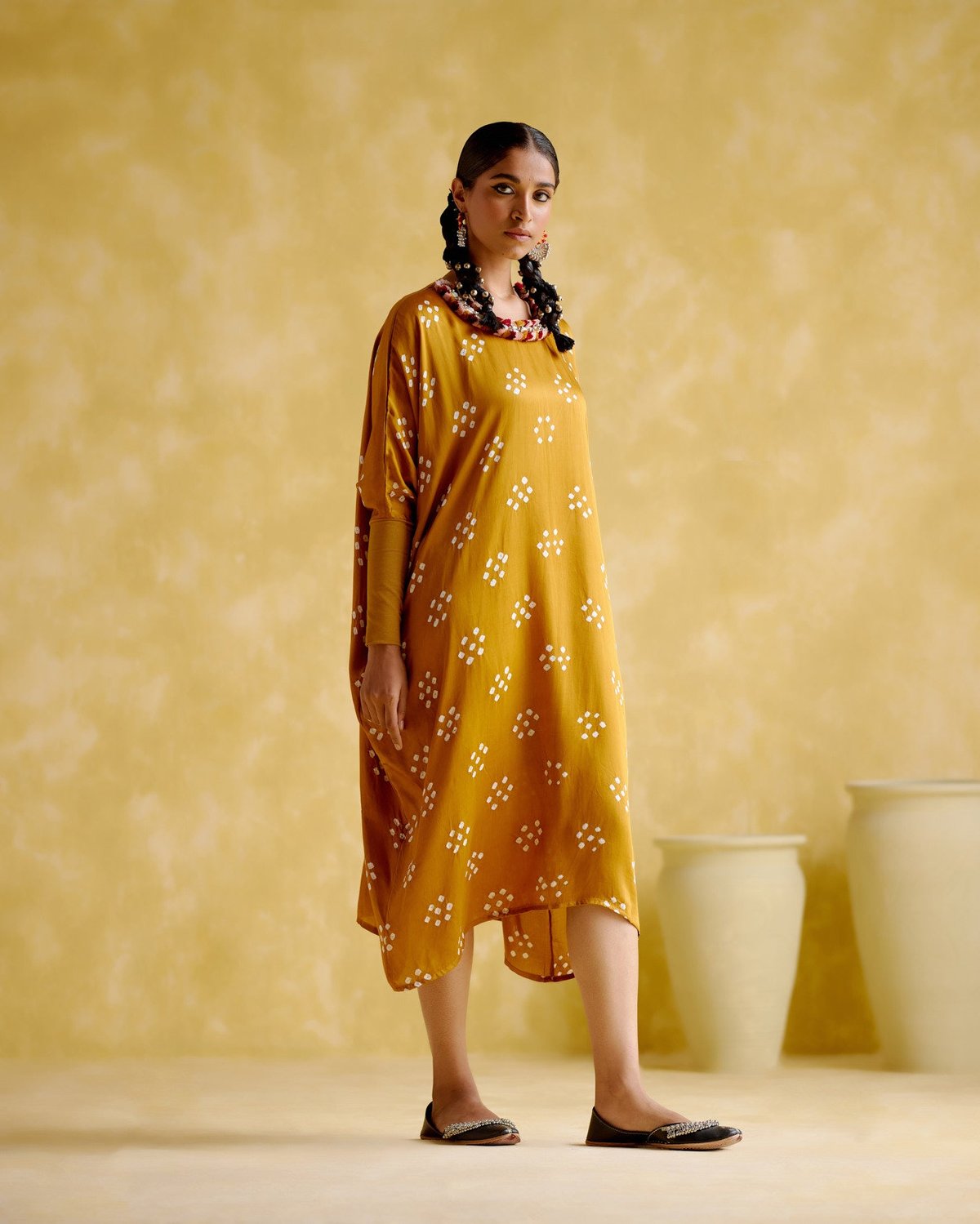 Yellow Bandhani Modal Satin Kaftan with Embellished Neck