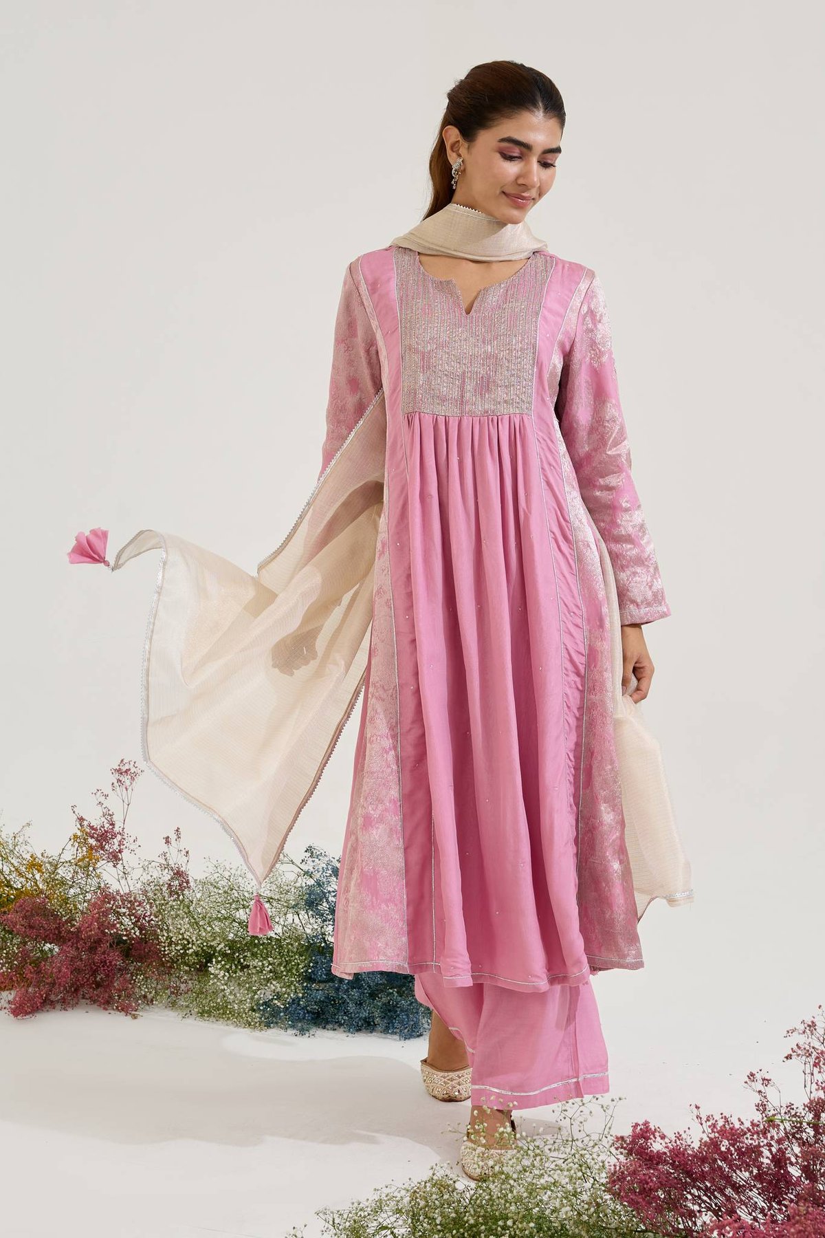 Lilac Anarkali Kurta Set with Wide-Leg Pants and Dupatta
