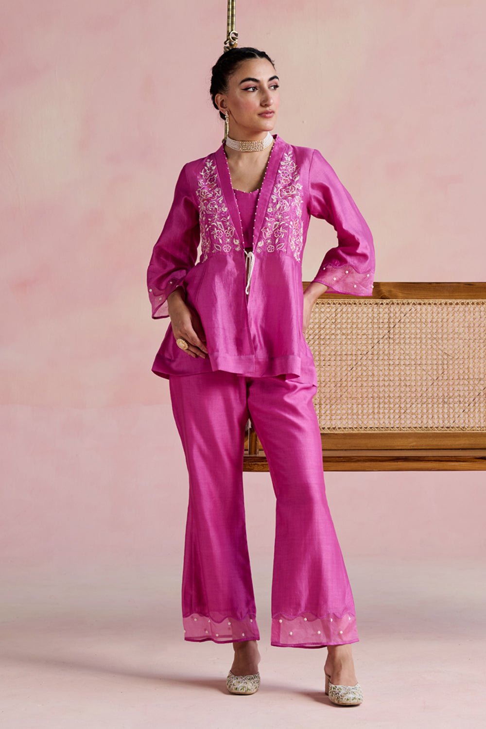 Bright Pink Chanderi Embroidered 3-Piece Kurta Set