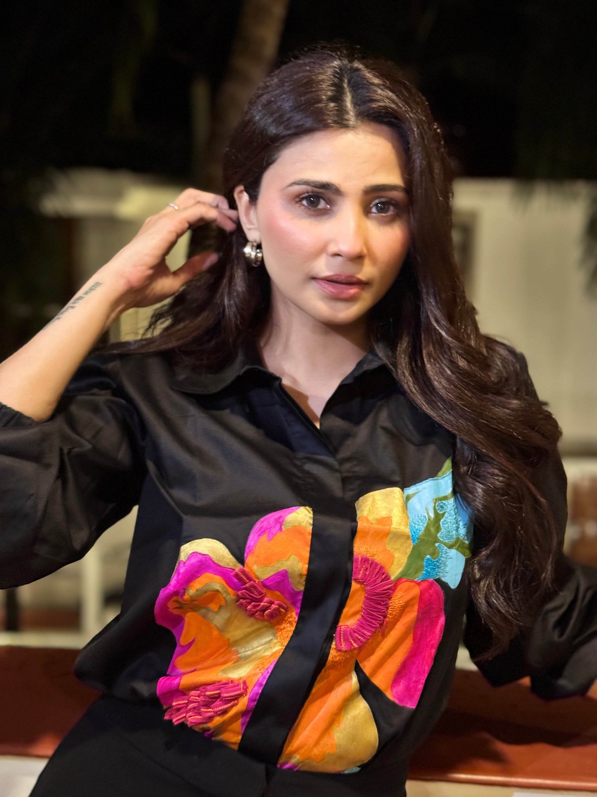 Black Floral Print Satin-Finish Cotton Shirt