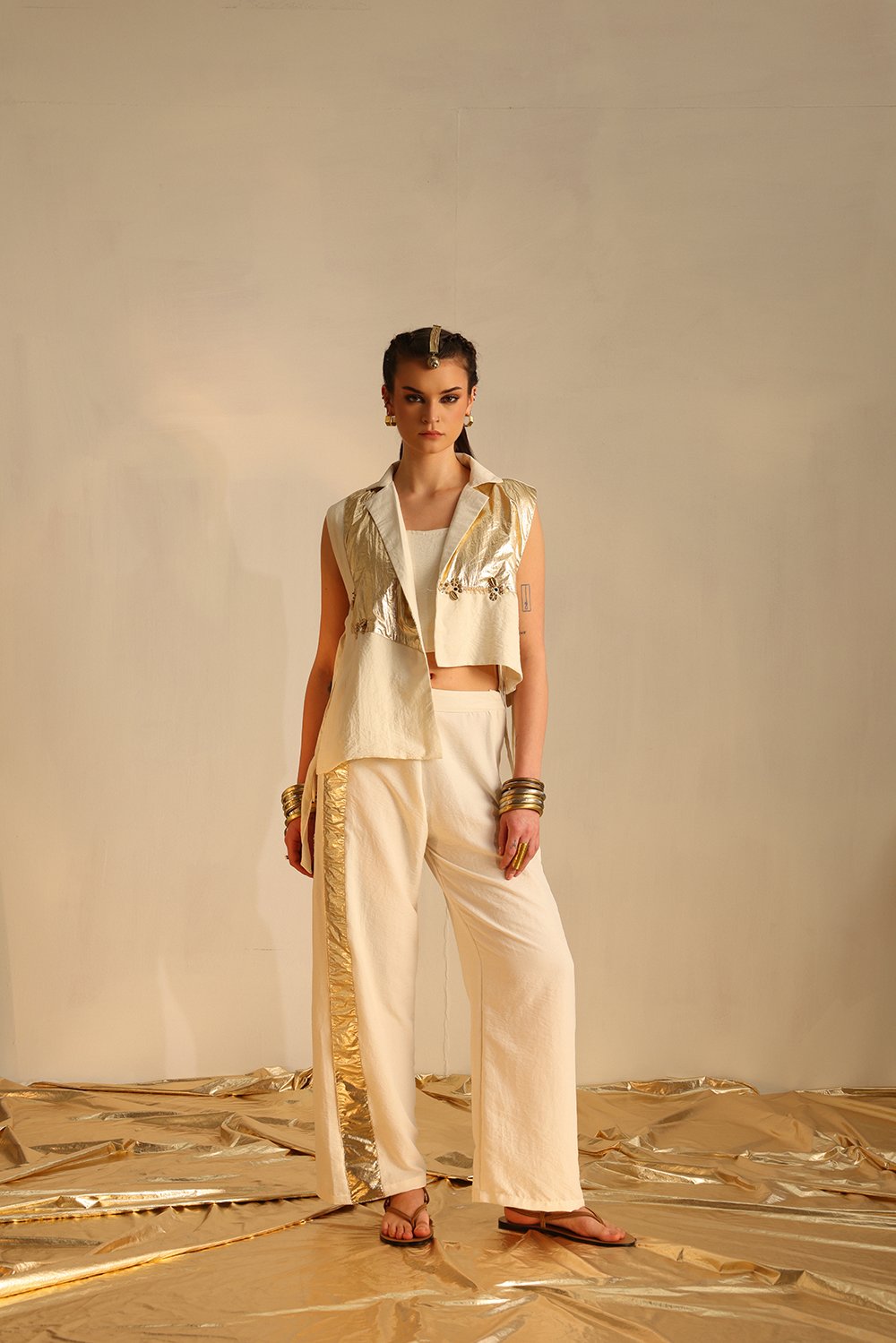 Off-White Gold Foil Blazer Co-ord Set with Palazzo Pants