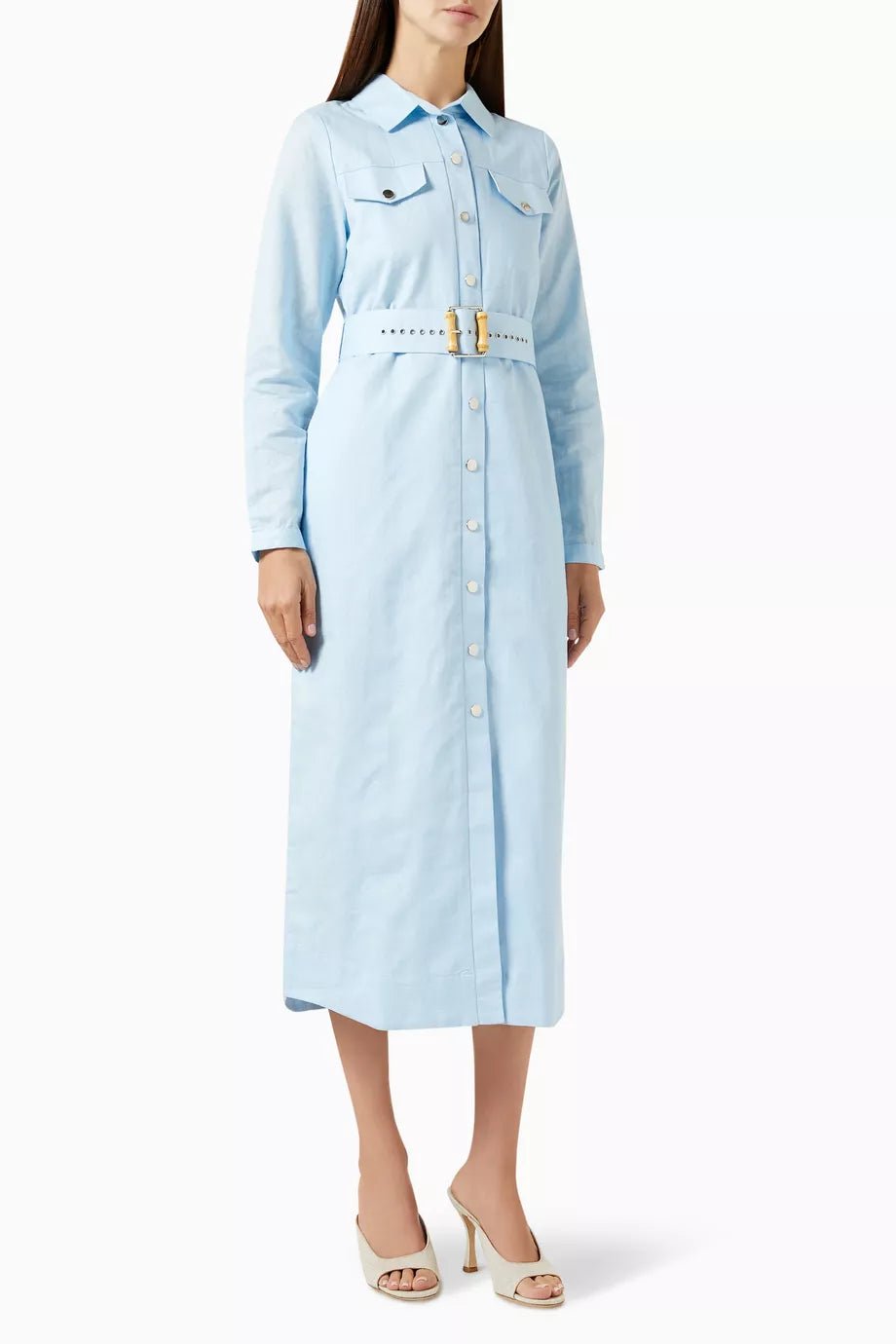 Sky Blue Linen Belted Midi Shirt Dress