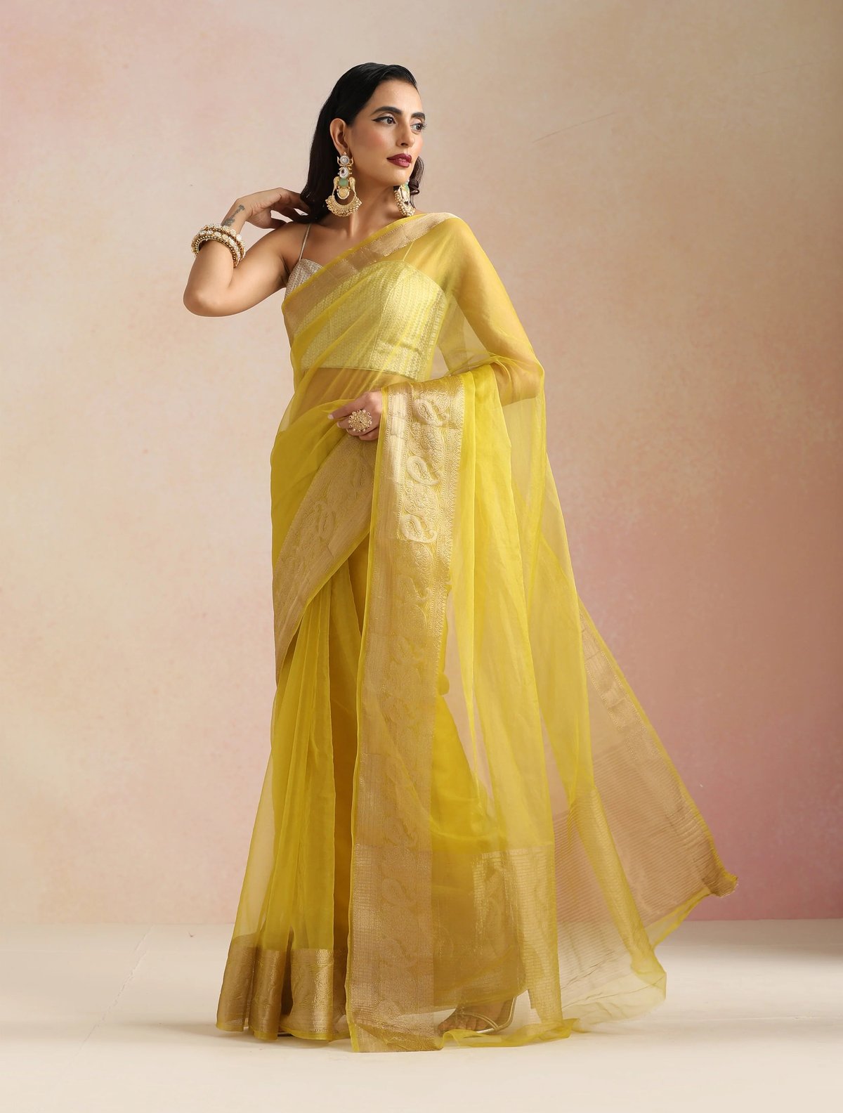Lime Organza Saree With Unstitched Blouse