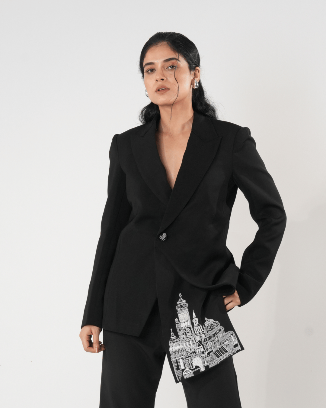 Black Tailored Blazer with Detachable Embroidered Panel