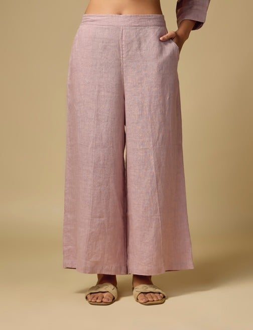 Pink Linen Wide-Leg Relaxed Fit Trousers