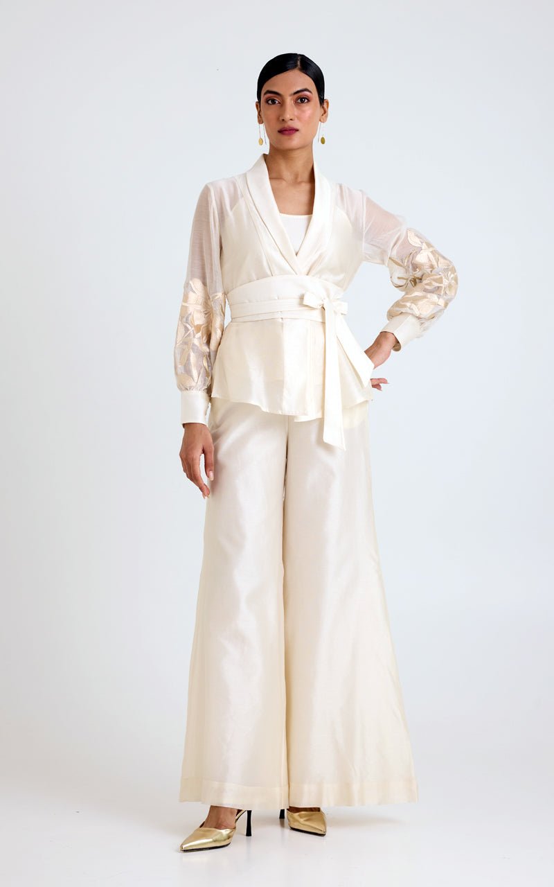 Ivory Wrap Blazer Top and Wide-Leg Pant Co-ord Set